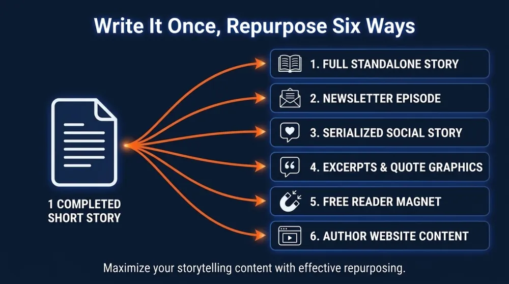 Content repurposing workflow: one short story multiplying into six promotional assets