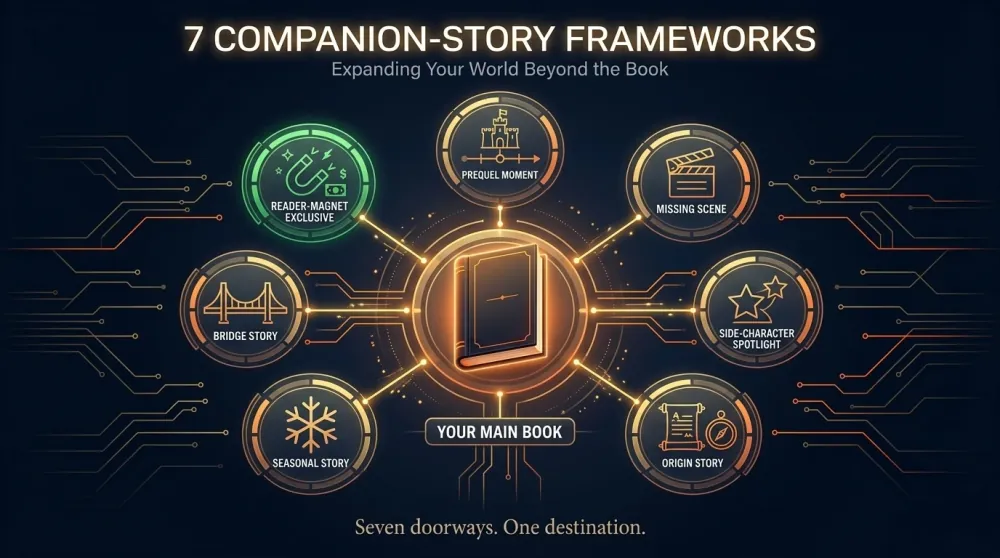 Seven companion-story frameworks map showing prequels, origins, side characters, and reader magnets radiating from one book